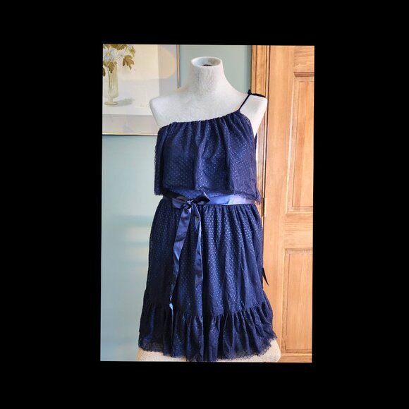 Lulu's Adorable Event Navy Blue Mesh One-Shoulder Swiss Dot Mini Dress - Picture 4 of 15